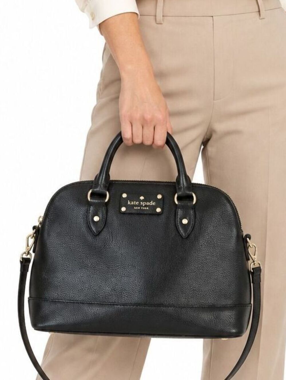 Kate Spade New York Black Pebbled Leather Dome Satchel Bag Detachable Strap Gold